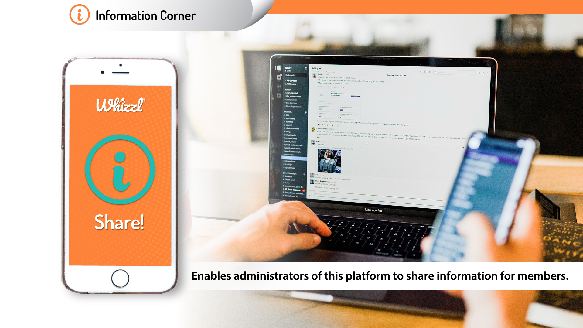 Information-Corner---Solution---Mobile Information Corner, Whizzl, Share!, This feature enables administrators to share information with community members
