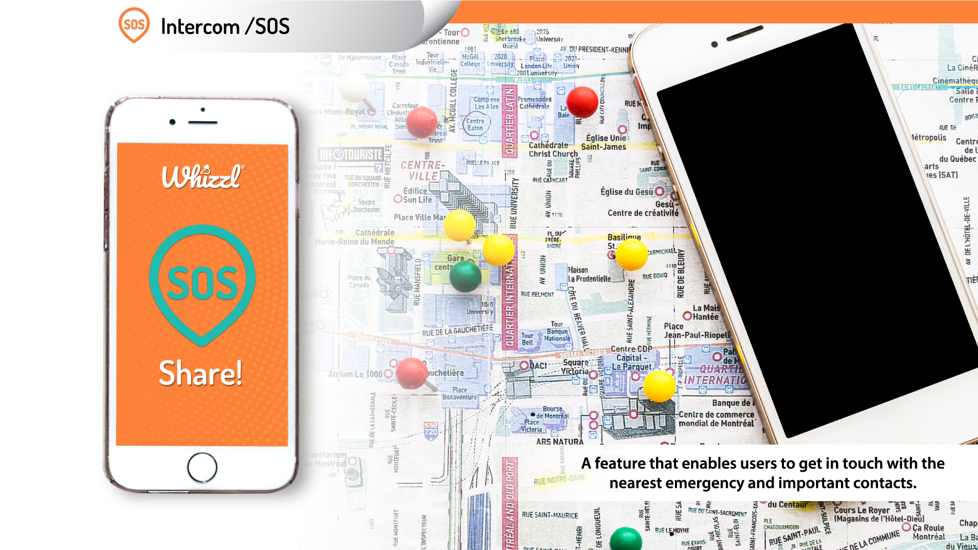 Intercom / SOS, Whizzl, Share!, This feature enables users to make immediate contact with nearest emergency services and important contacts