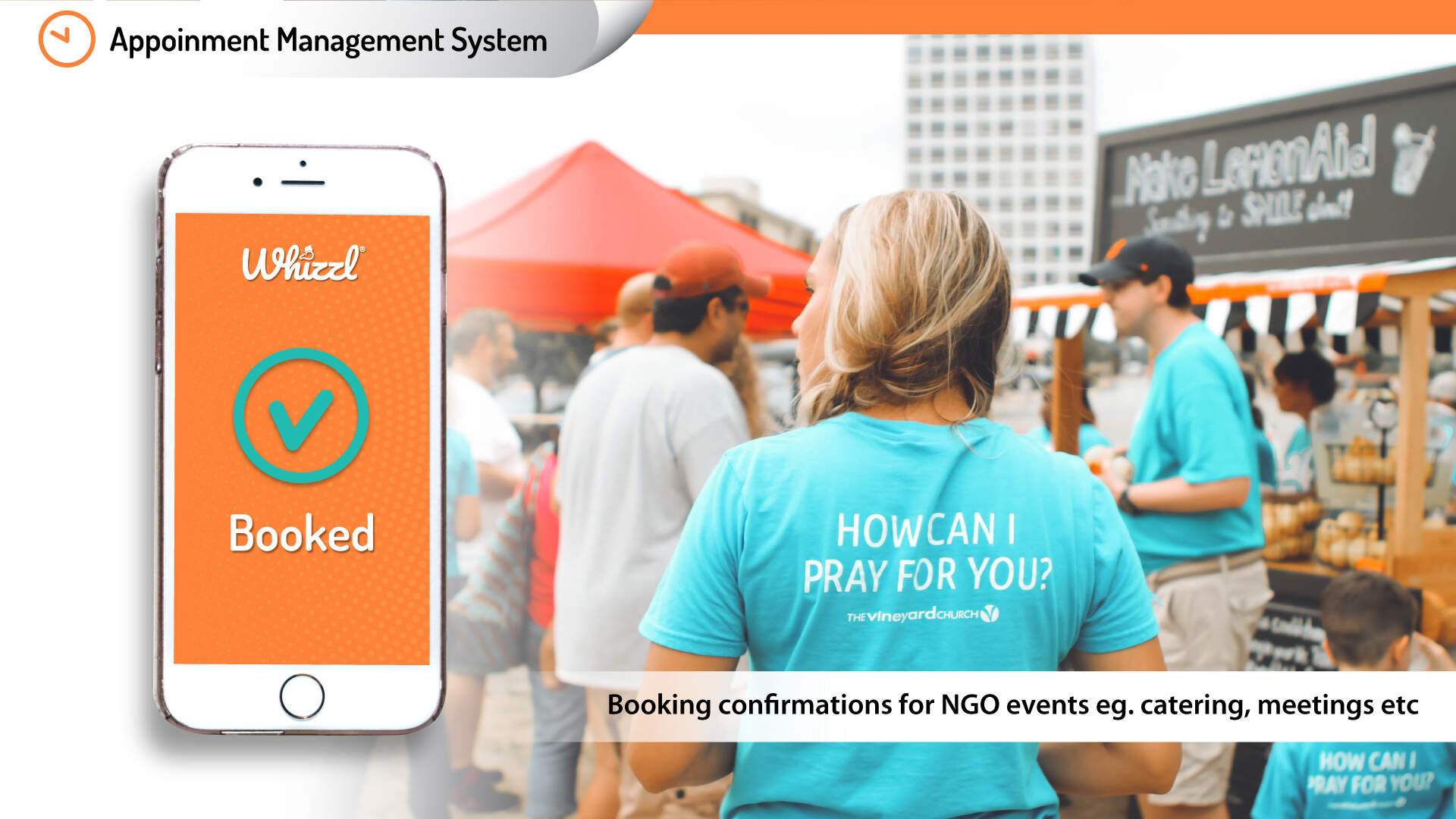 Appointment Management System, Whizzl, Booked, Booking confirmations for NGO events eg. catering, meetings etc