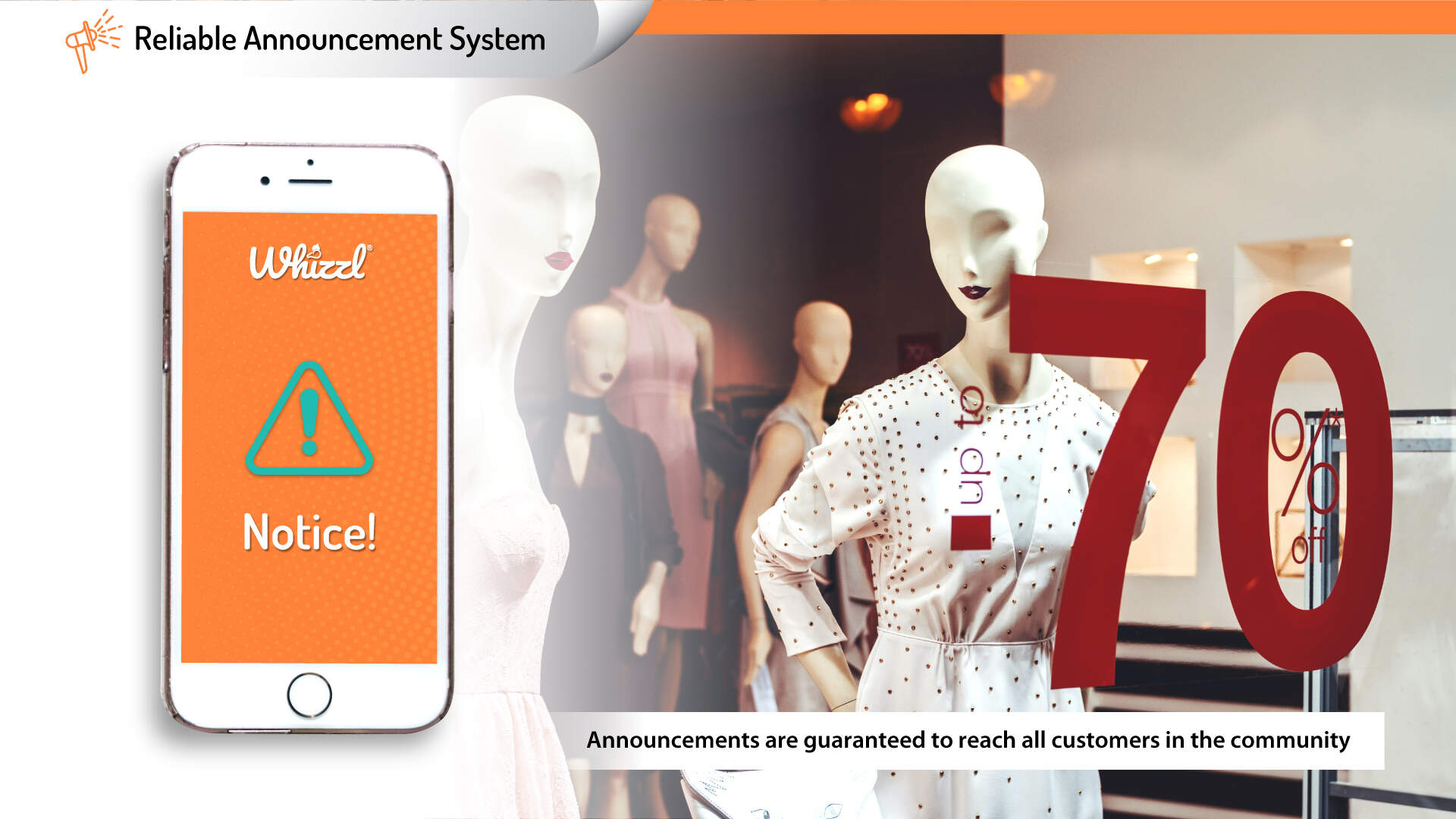 Reliable Announcement System, Whizzl, Notice!, Announcements are guaranteed to reach all customers in the community