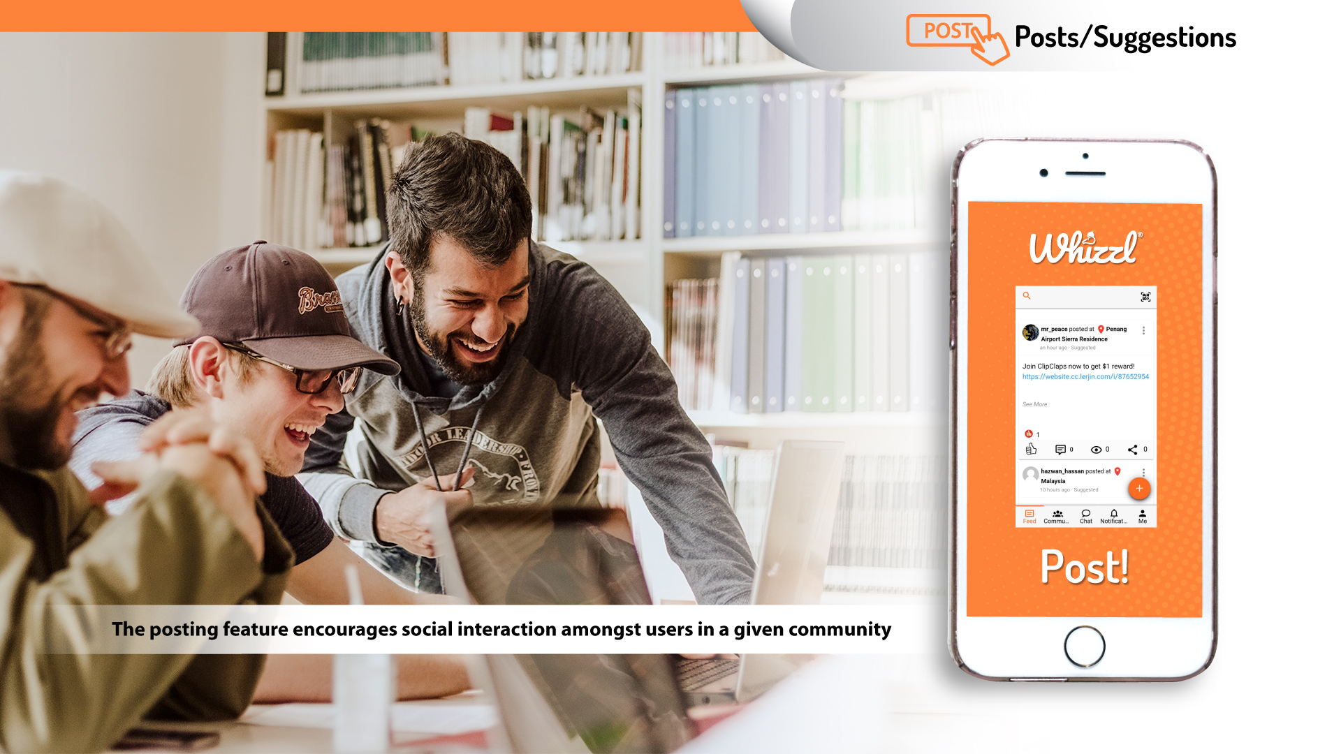 post-suggestions-web Posts/ Suggestions, Whizzl, Post!, The posting feature encourages social interaction amongst users in a given community